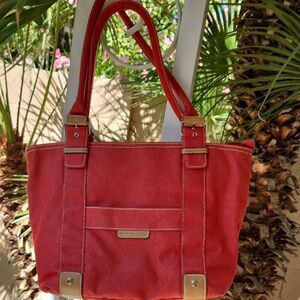 Tommy Hilfiger Red Canvas Tote Bag Wirh Faux Leather Accents